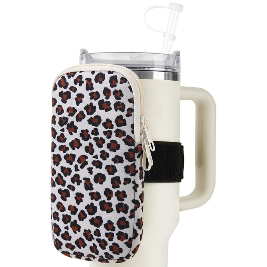 Water Bottle Pouch For Stanley, Gym Tumbler Accessories for Women, Compatible With Stanley Quencher Adventure 40oz & IceFlow 20/30oz, Workout Outdoor Pocket Phone, Card, Keys, Cash (Leopard-print)