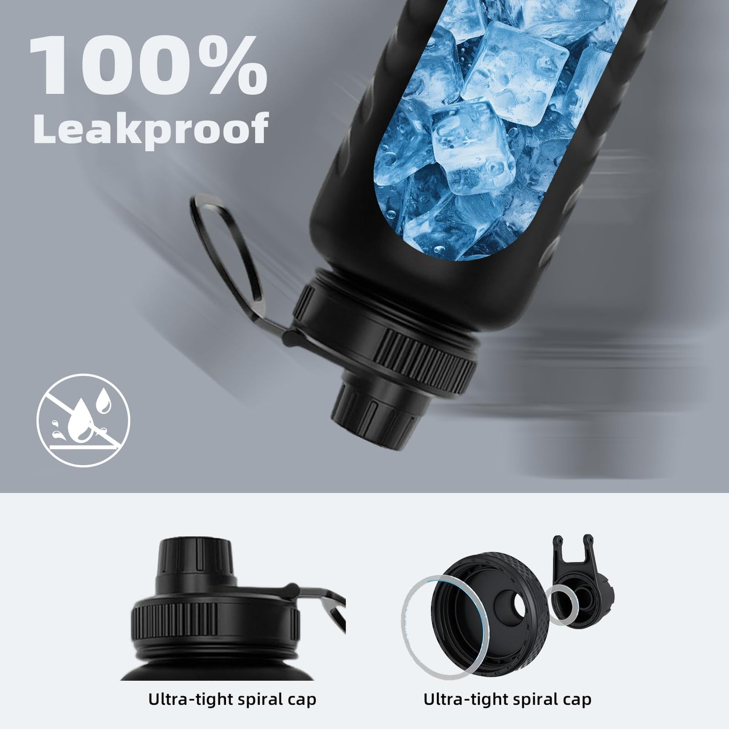 HYDRO H2O 24oz Stainless Steel Insulated Water Bottle, 48H Cold & 24H Hot, Leak-Proof Wide Mouth Lids (Straw & Spout), BPA-Free Bottles, Mens Water Bottle for Gym, Hiking, Travel - Black