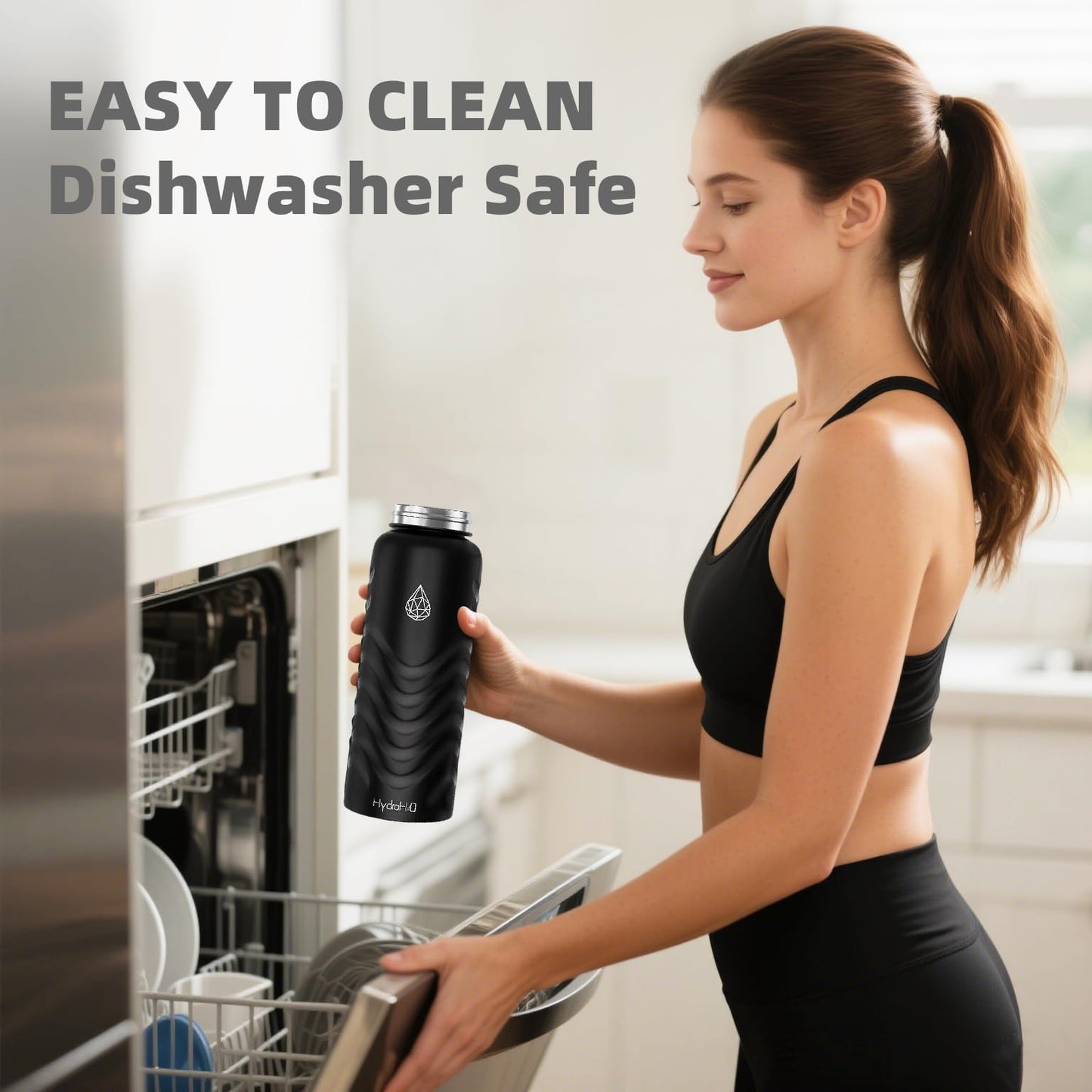 HYDRO H2O 24oz Stainless Steel Insulated Water Bottle, 48H Cold & 24H Hot, Leak-Proof Wide Mouth Lids (Straw & Spout), BPA-Free Bottles, Mens Water Bottle for Gym, Hiking, Travel - Black