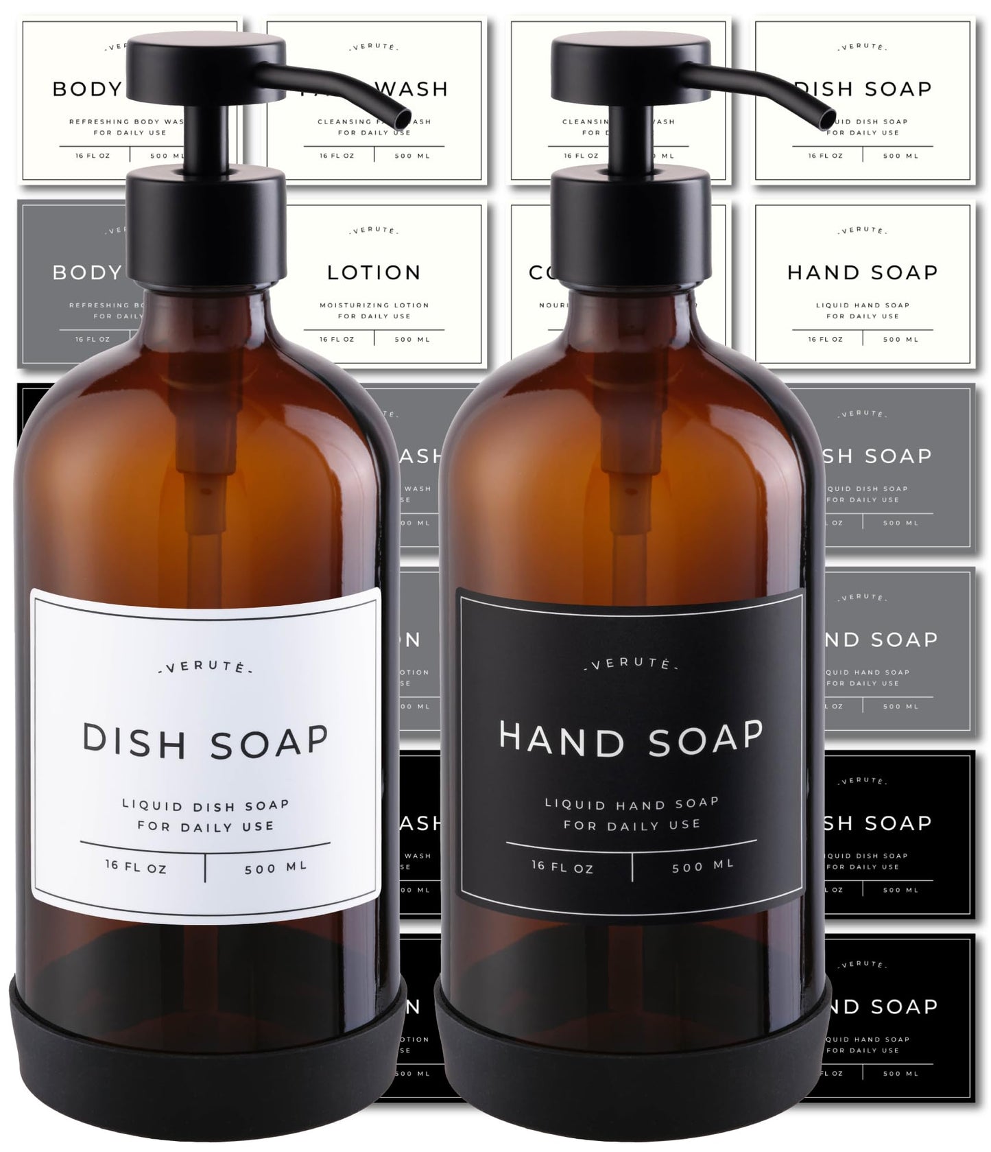 Verute 16oz Glass Soap Dispenser with Stainless Steel Pump, 21 Waterproof Labels, Non-Slip Protective Silicone Pad, Set of 2 for Bathroom & Kitchen (Amber Bottle/Black Pump)