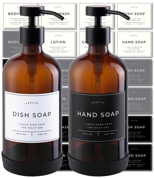 Verute 16oz Glass Soap Dispenser with Stainless Steel Pump, 21 Waterproof Labels, Non-Slip Protective Silicone Pad, Set of 2 for Bathroom & Kitchen (Amber Bottle/Black Pump)