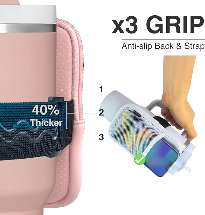 Water Bottle Pouch for Stanley Cups with 20oz 30oz 40oz Stanley Quencher Adventure & Stanley IceFlow, Gym Accessories for Women Tumbler Pouch with Strap & Zipper Cup Purse for Card Keys (Pink, Large)