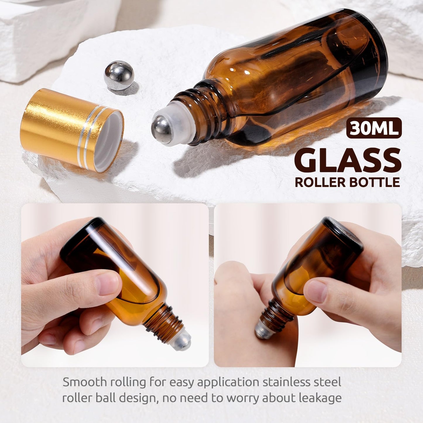 bofessor 30ml Glass Roller Bottles 4-Pack, Refillable Roll-On Bottles for Essential Oils, Perfume, and DIY Blends with Stainless Steel Rollers-Amber, Golden Cap