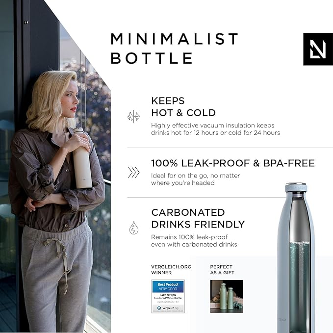 LARS NYSØM Stainless Steel Insulated Water Bottle 12oz 17oz 25oz 34oz 51oz | BPA-free Insulated Thermo Flask for Hot and Cold Beverages | Leakproof Drinking Bottle (Baby Blue, 34oz)