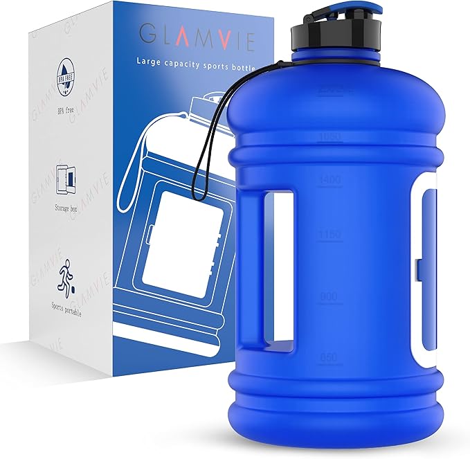 Sports Water Bottle 73OZ Half Gallon with Handle Big Reusable Water Jug 2.2L for Sport & Fitness with Built-In Storage Case for Cash & Cards | Eco Friendly & BPA Free | Matte Blue