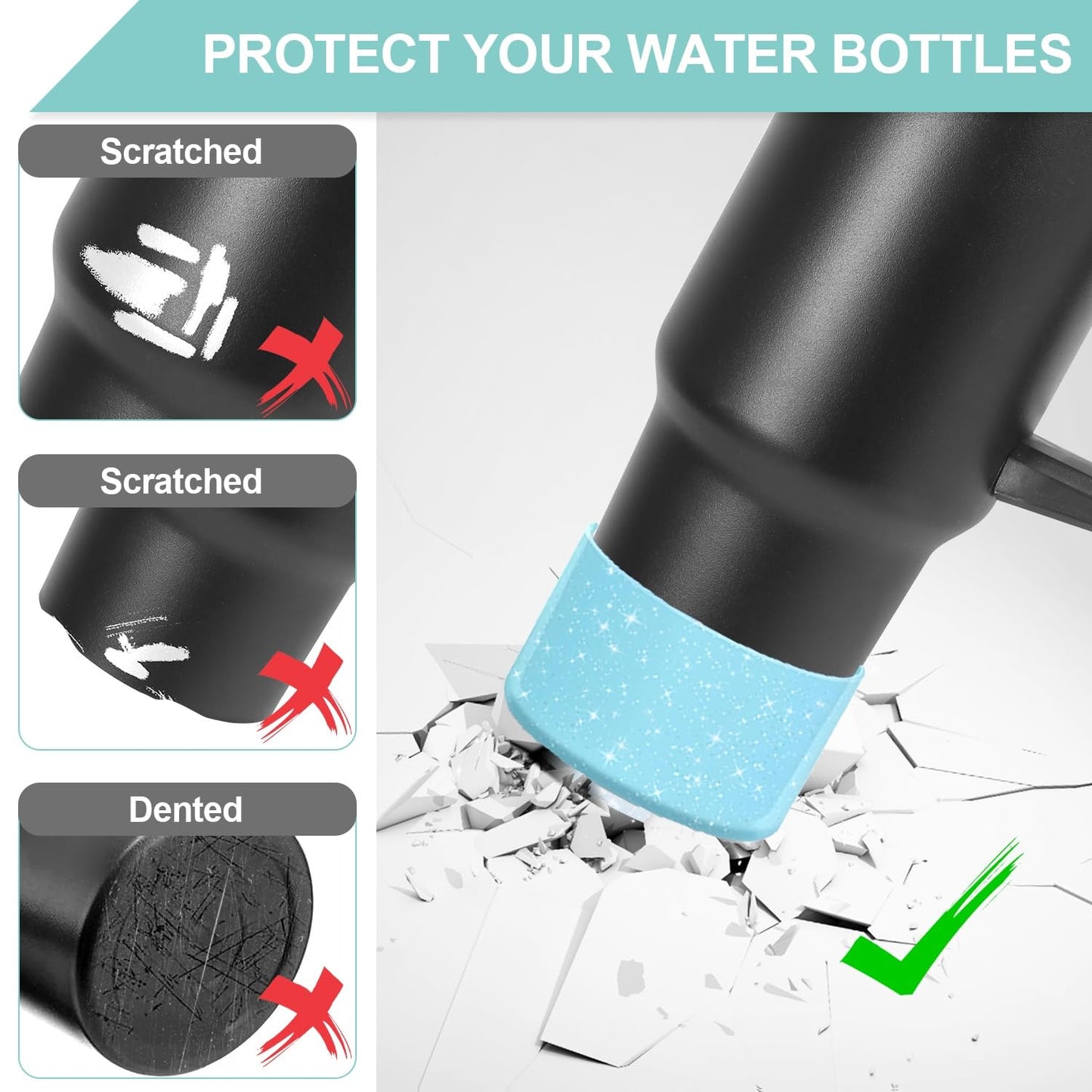 4Pcs Blue Glitter Silicone Boot for Stanley Cup H2.0 30oz 40 oz &Hydro Flask 12-24 oz and Water Bottle Bottom of 2.9-3in, Tumbler Boot Sleeve Cover Bottom Protector