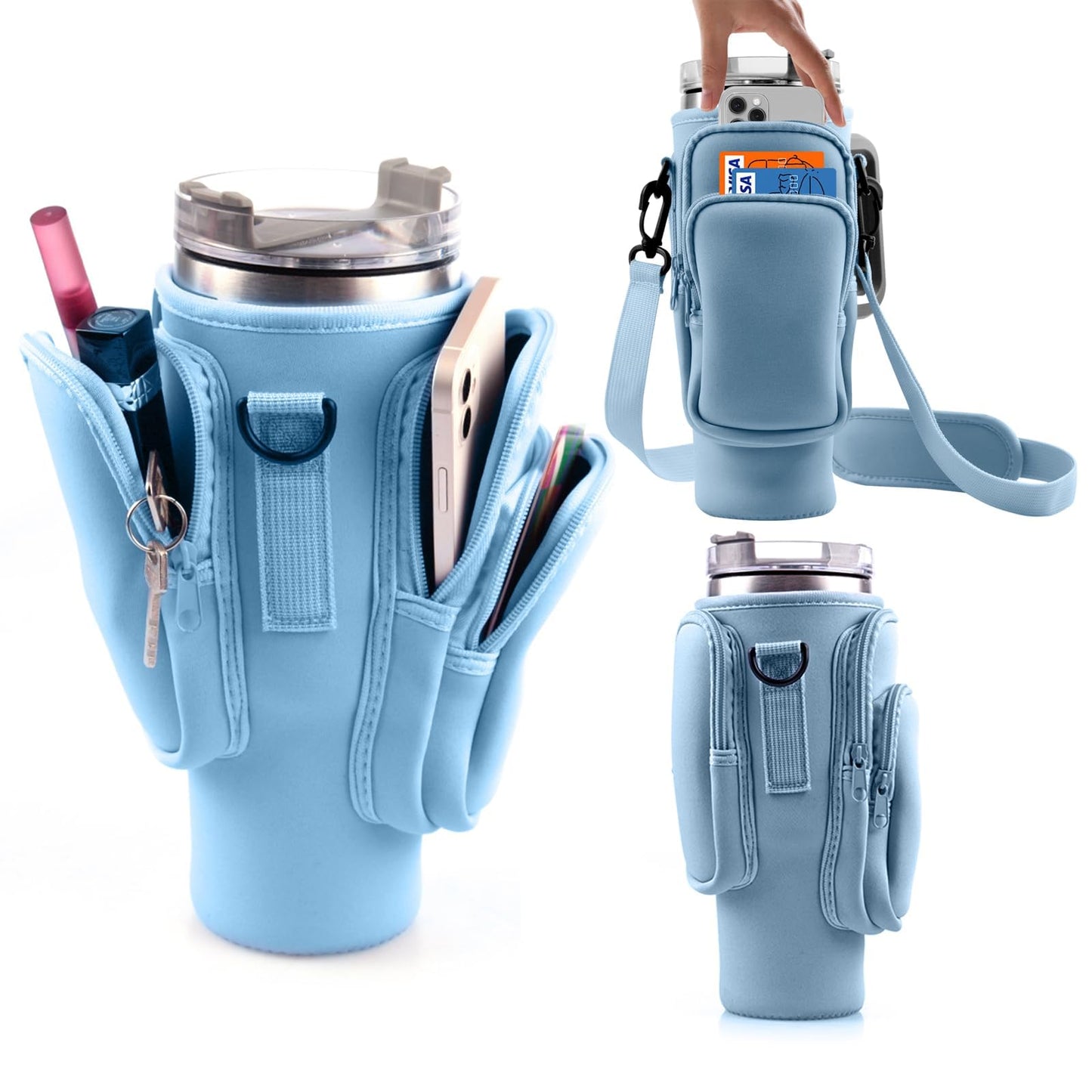 WNGERGOU Water Bottle Carrier Bag with Phone Pocket for Stanley, Water Bottle Holder with Strap for Stanley Accessories 40 oz, Stanley Cup Accessories Total 3 Pockets, Stanley Cup Bag (Blue)
