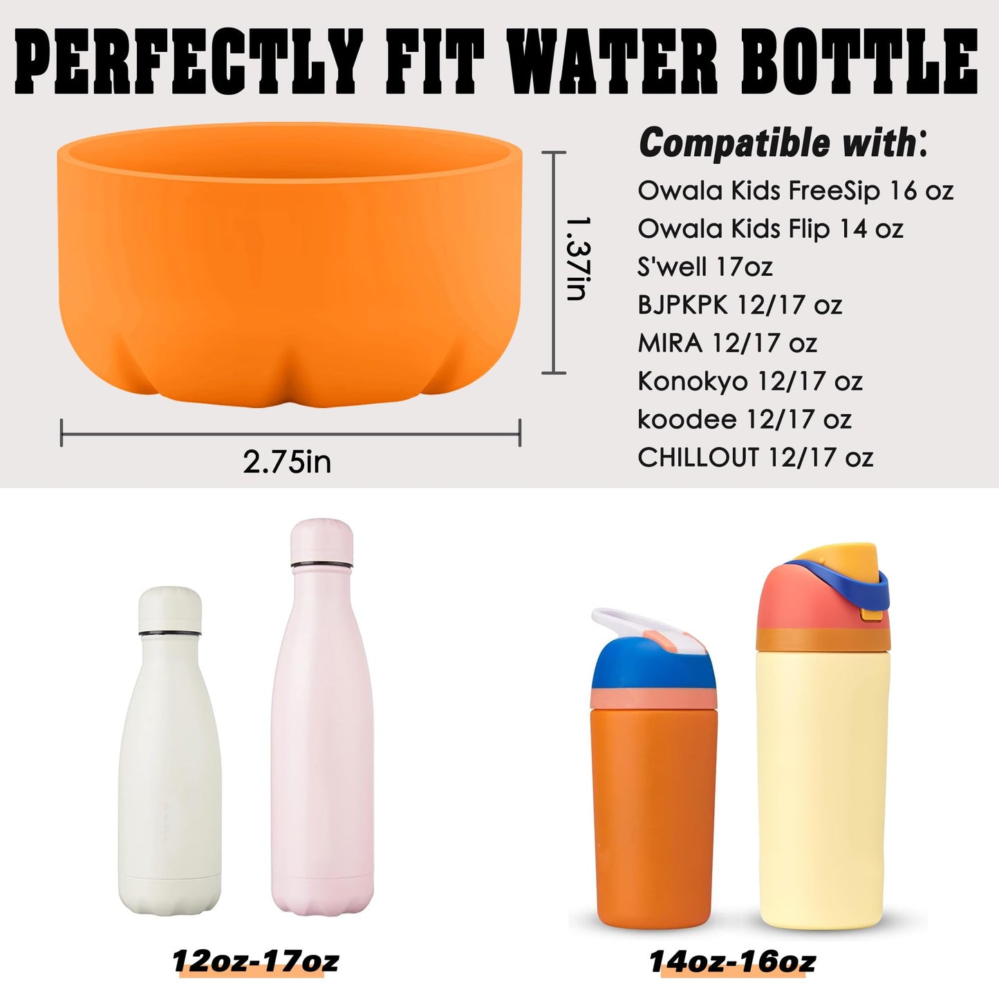 VIKIZUES Silicone Boot Compatible with Owala Kids Water Bottle 14/16 oz & S'well 17oz Water Bottle and More 12/17 oz Stainless Steel Water Bottles, Anti-Slip Bottom Protector Sleeve (Orange)