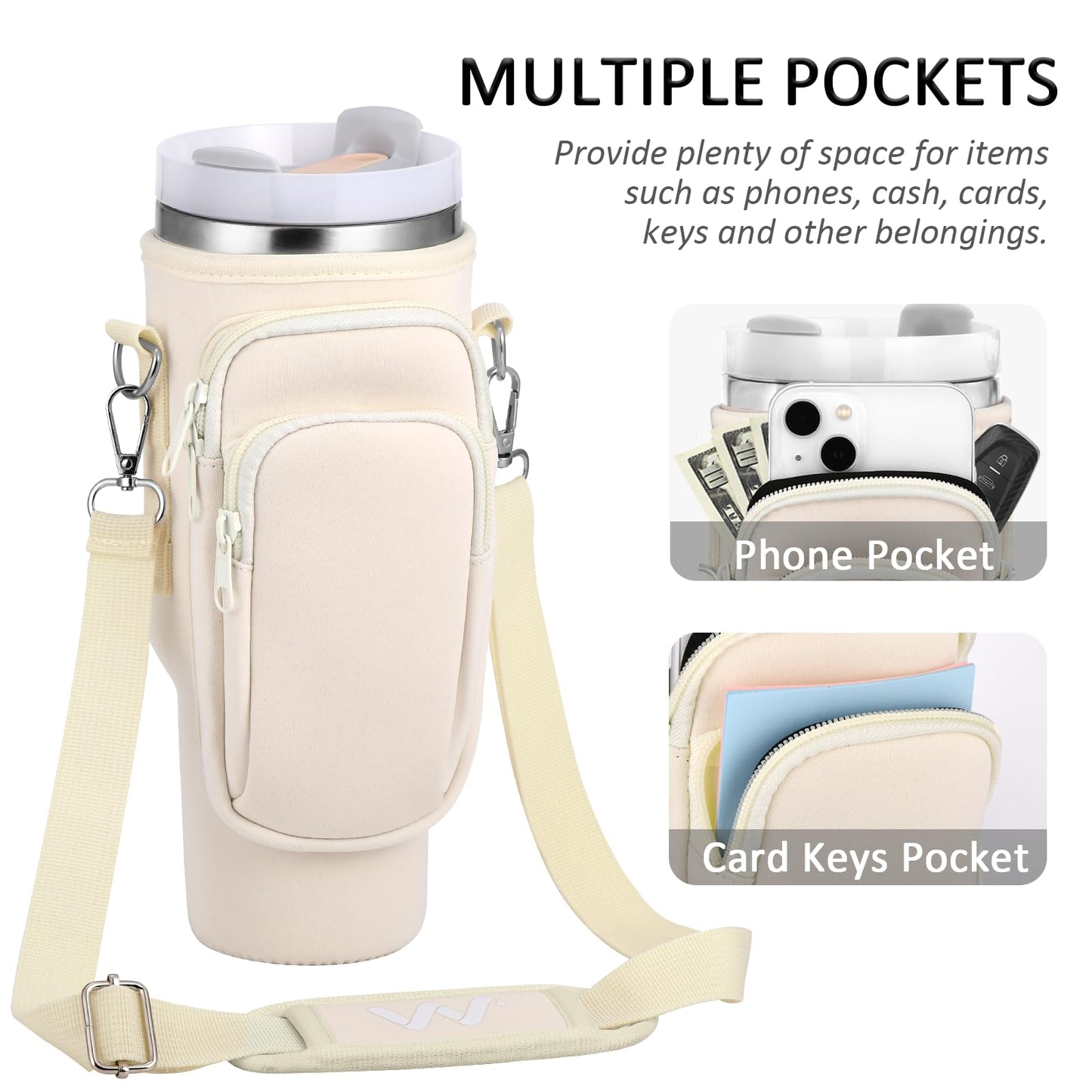 WEREWOLVES Water Bottle Carrier Bag with Phone Pocket for Stanley 40 oz Tumbler, Water Bottle Holder with Adjustable Strap & Paracord Handle, Neoprene Holder for Stanley Cup Accessories (Cream)