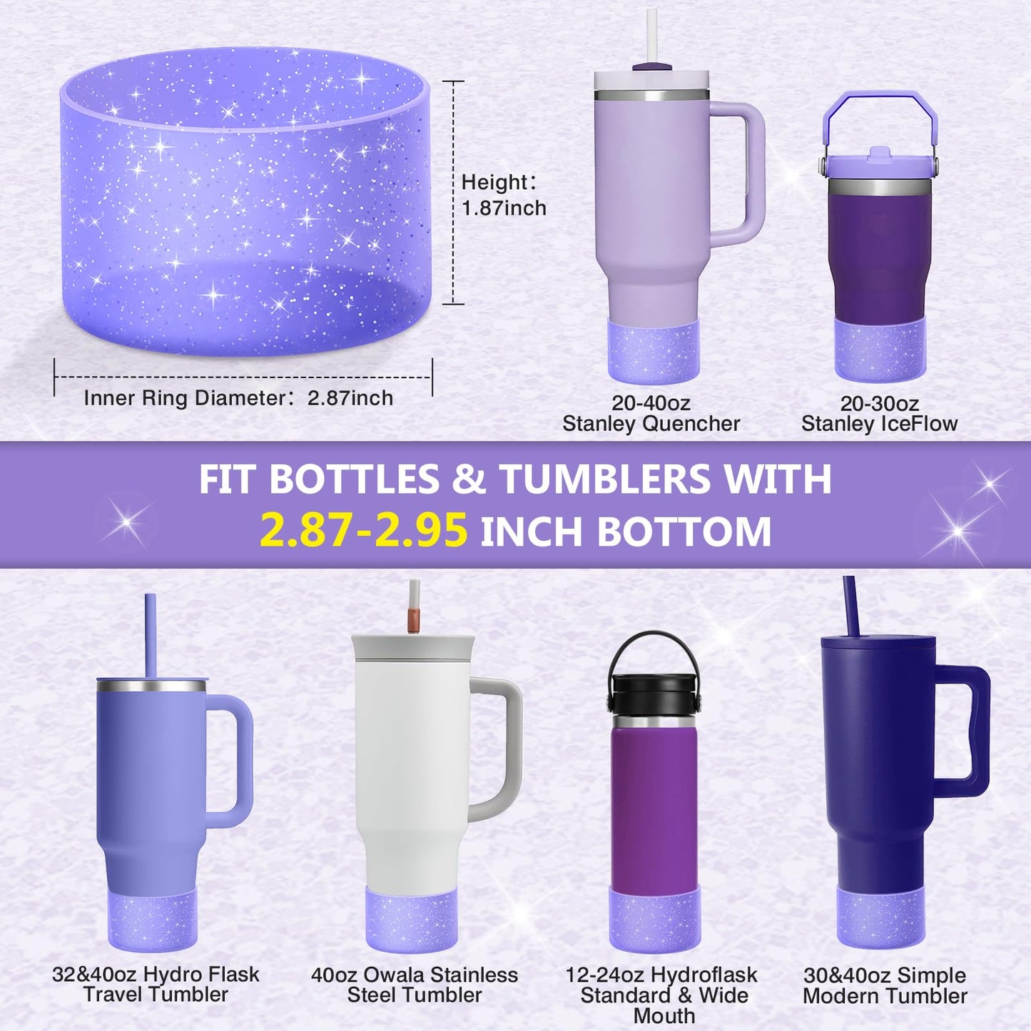 WUQID Protective Bling Silicone Boot Sleeve, Compatible with Stanley Tumbler 20-40oz & Hydro Flask Bottle 12oz-24oz, Glitter Reduces Dents Sleeve Cover for More Bottles/Tumblers Bottom of 2.83-2.95in