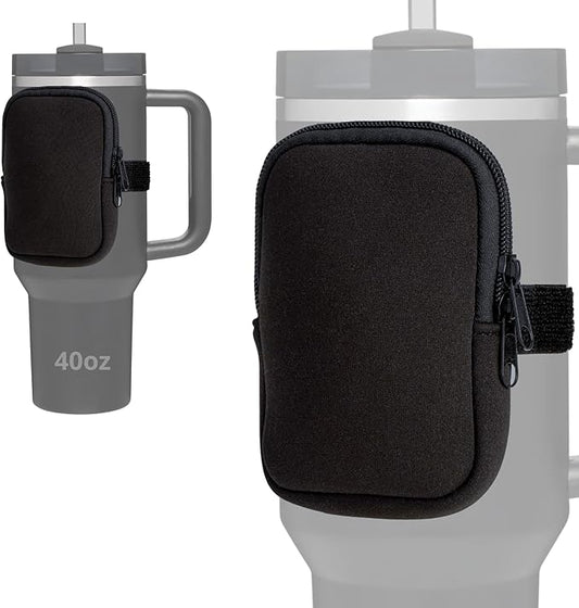 Water Bottle Pouch for Stanley Cups with 20oz 30oz 40oz Stanley Quencher Adventure & Stanley IceFlow, Gym Accessories for Women Tumbler Pouch with Strap & Zipper Cup Purse for Card Keys (Black, Small)