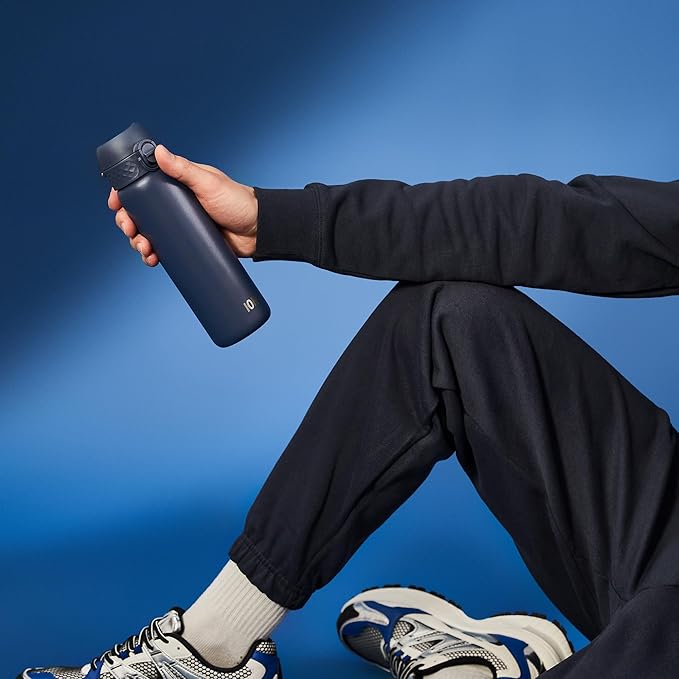 ION8 Steel Water Bottle, 600 ml/20 oz, Leak Proof, Easy to Open, Secure Lock, Dishwasher Safe, Flip Cover, Fits Cup Holders, Carry Handle, Durable, Scratch Resistant, Carbon Neutral, Navy Blue
