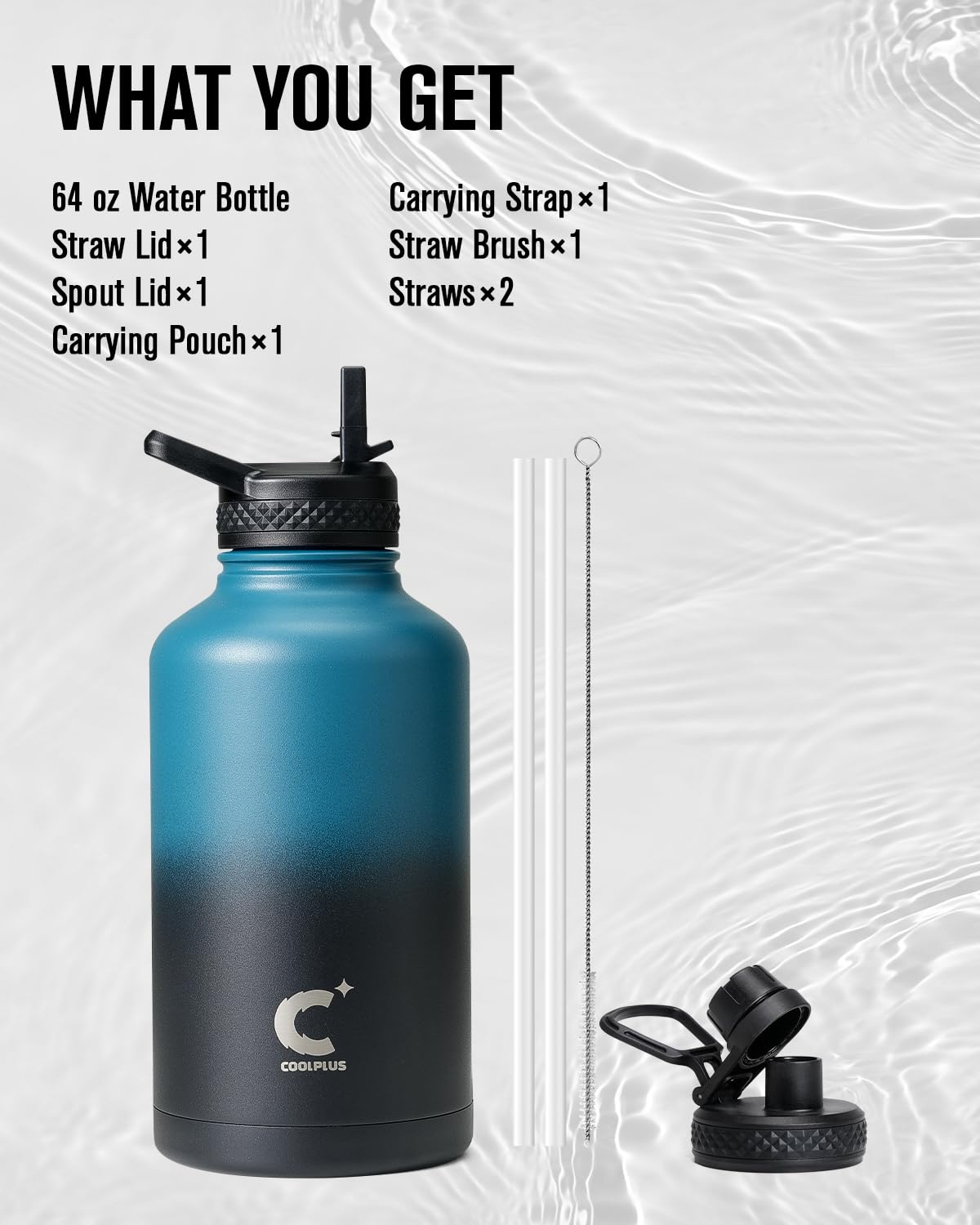 64 oz Water Bottle Insulated, Coolplus Half Gallon Insulated Water Jug With Straw Stainless Steel Double-Walled Vacuum Metal Large Flask Bpa-Free Leakproof, Keep Cold 48 Hrs Hot 24hrs, Blue Black
