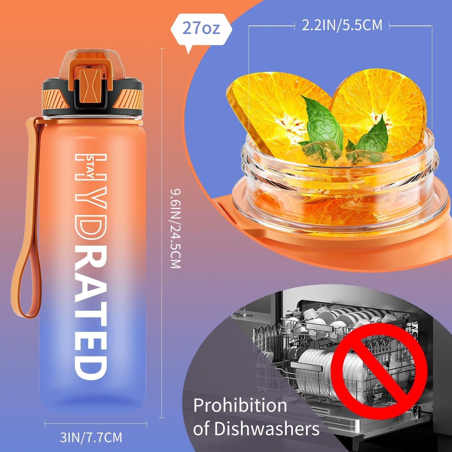 QLUR Water Bottle with Straw, 27 oz Motivational Water Bottles with Time Marker to Drink, Tritan BPA Free, 800ml Sports Water Bottle with Carry Strap LeakProof for School Fitness Outdoor (1Pack)