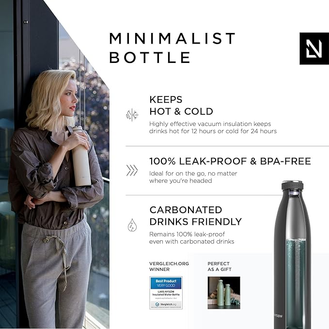 LARS NYSØM Stainless Steel Insulated Water Bottle 12oz 17oz 25oz 34oz 51oz | BPA-free Insulated Thermo Flask for Hot and Cold Beverages | Leakproof Drinking Bottle (Onyx Black, 34oz)