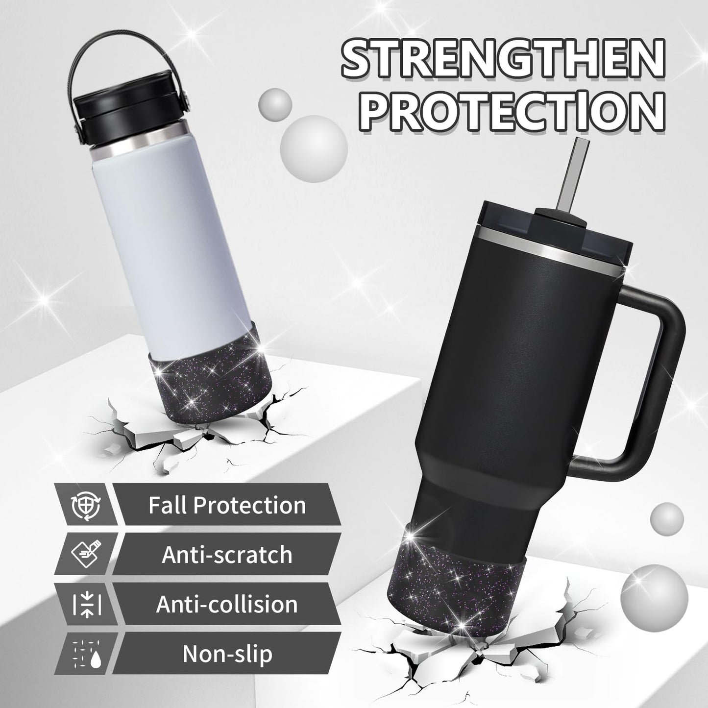 WUQID 2 Pack Bling Silicone Boot Compatible with Stanley Quencher Adventure 40oz & Stanley IceFlow 20oz 30oz, Reduces Dents Protective Silicone Water Bottle Bottom Cover Sleeve