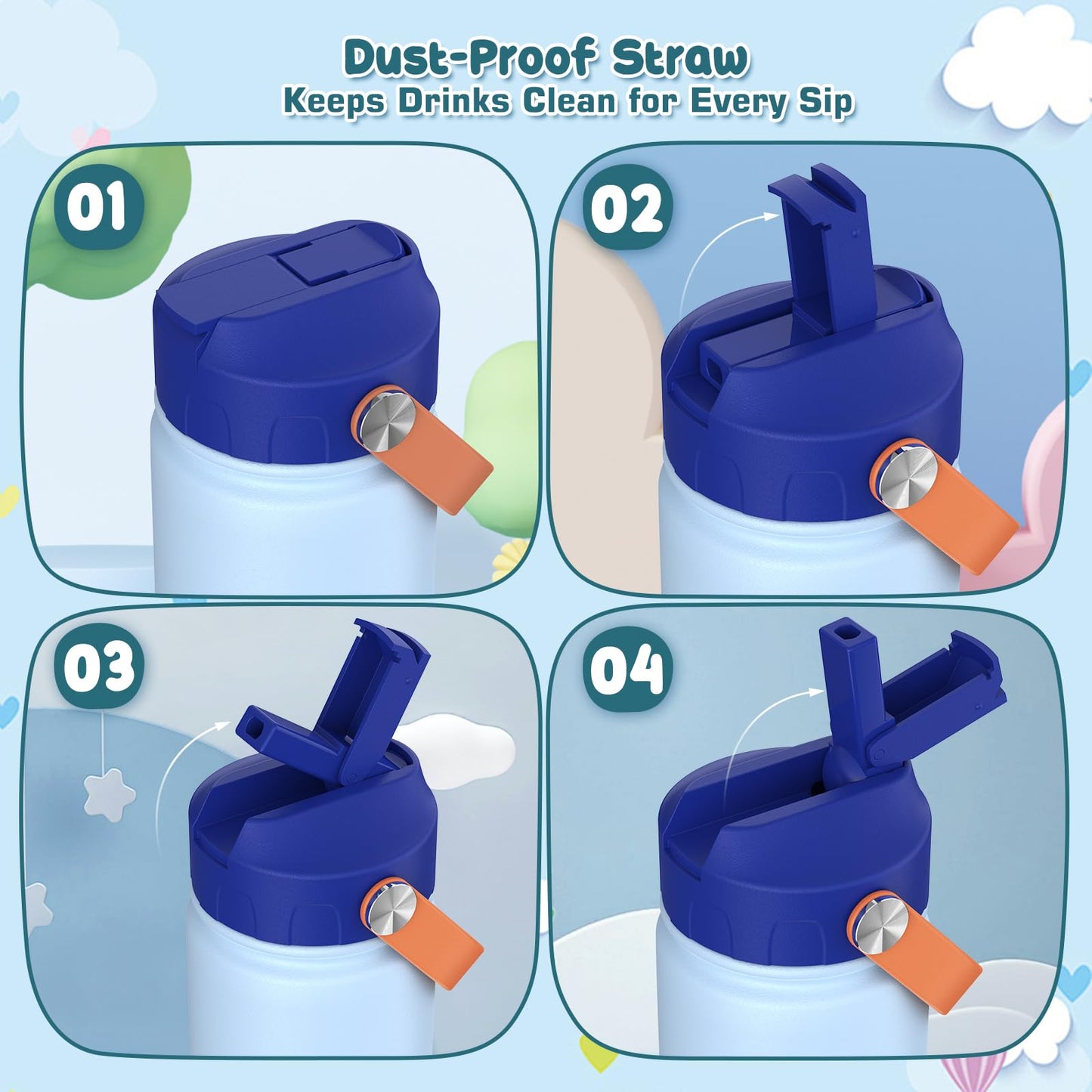 GoKEDA 18oz Kids Water Bottle, 2 Pack Insulated Bottles with Stickers, 18/8 Stainless Steel Vacuum Leak Proof Straw Cup for School, Gifts for Boys(Light Blue, Dark Blue)