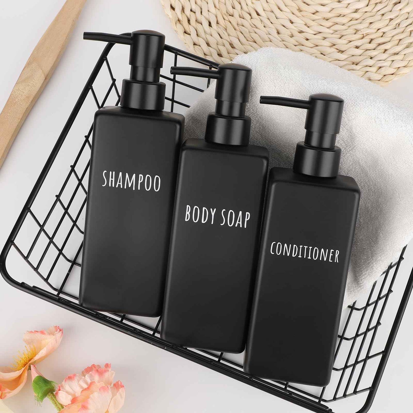 Segbeauty 6 Pack Matte Black Soap Dispenser, Plastic Square Shower Soap Dispenser, 16.9 oz Refillable Shampoo and Conditioner Bottles, 500 ml Empty Bathroom Countertop Soap Dispensers for Modern Hotel