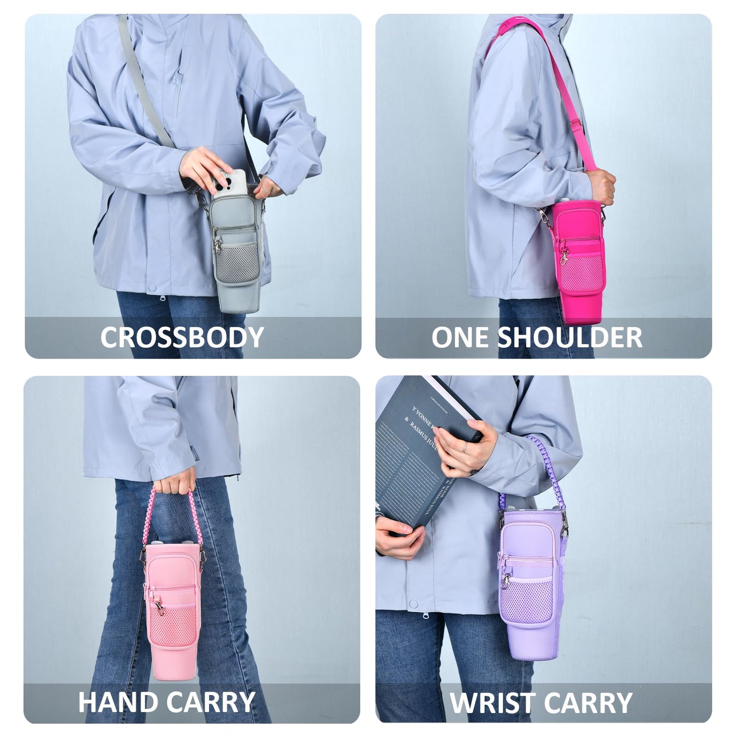 WEREWOLVES Water Bottle Carrier Bag with Phone Pocket for Stanley 40 oz Tumbler, Water Bottle Holder with Adjustable Strap & Paracord Handle, Neoprene Holder for Stanley Cup Accessories (Pink)