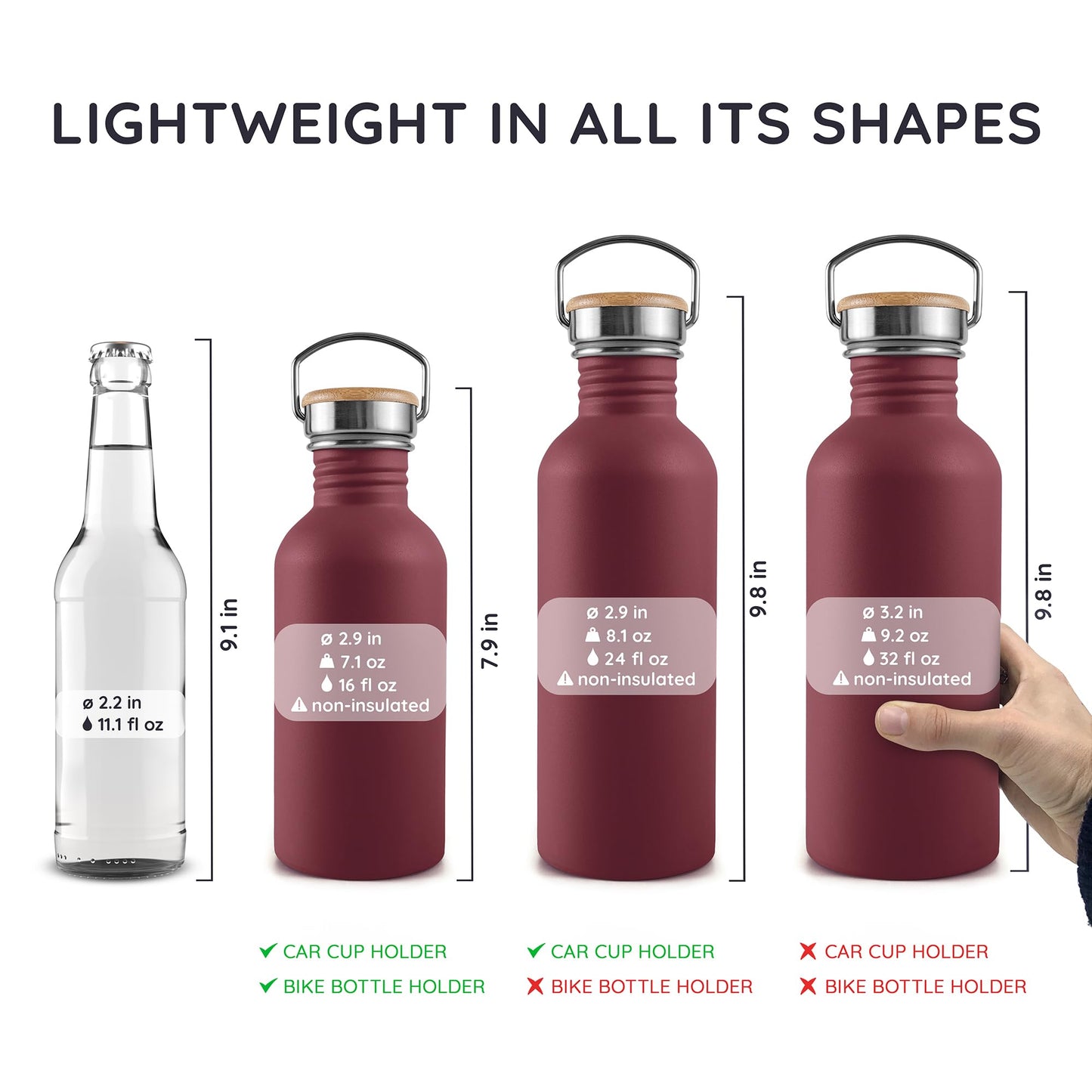 Bambaw 16 oz Water Bottle Non-insulated, Metal Water Bottle Red, Single Walled Stainless Steel Water Bottle, Leak Proof Water Bottle for School, BPA Free Water Bottle no Straw – Red Berry