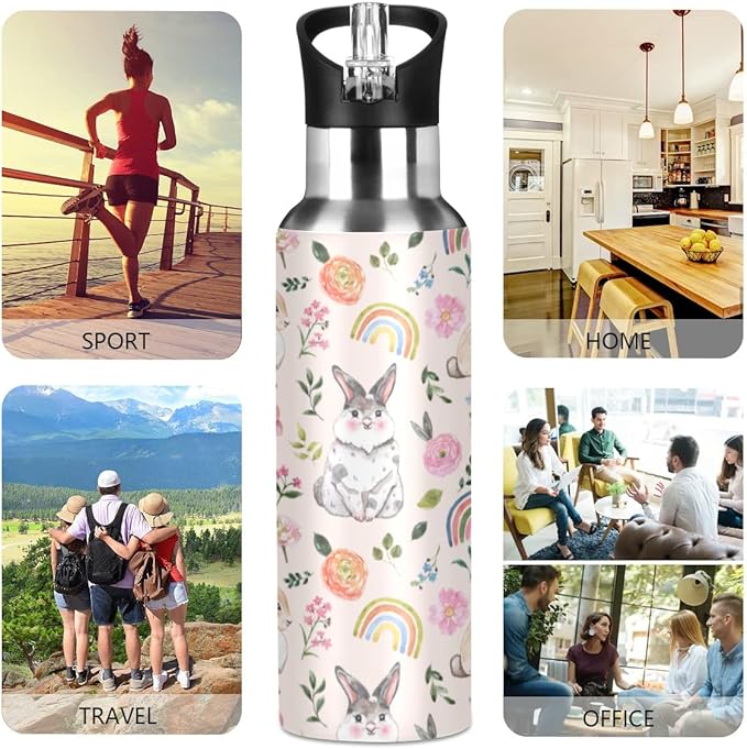 MNSRUU Insulated Water Bottle with Straw, Rainbow and Unicorns Stainless Steel Flasks for Sports Cycling Hiking School