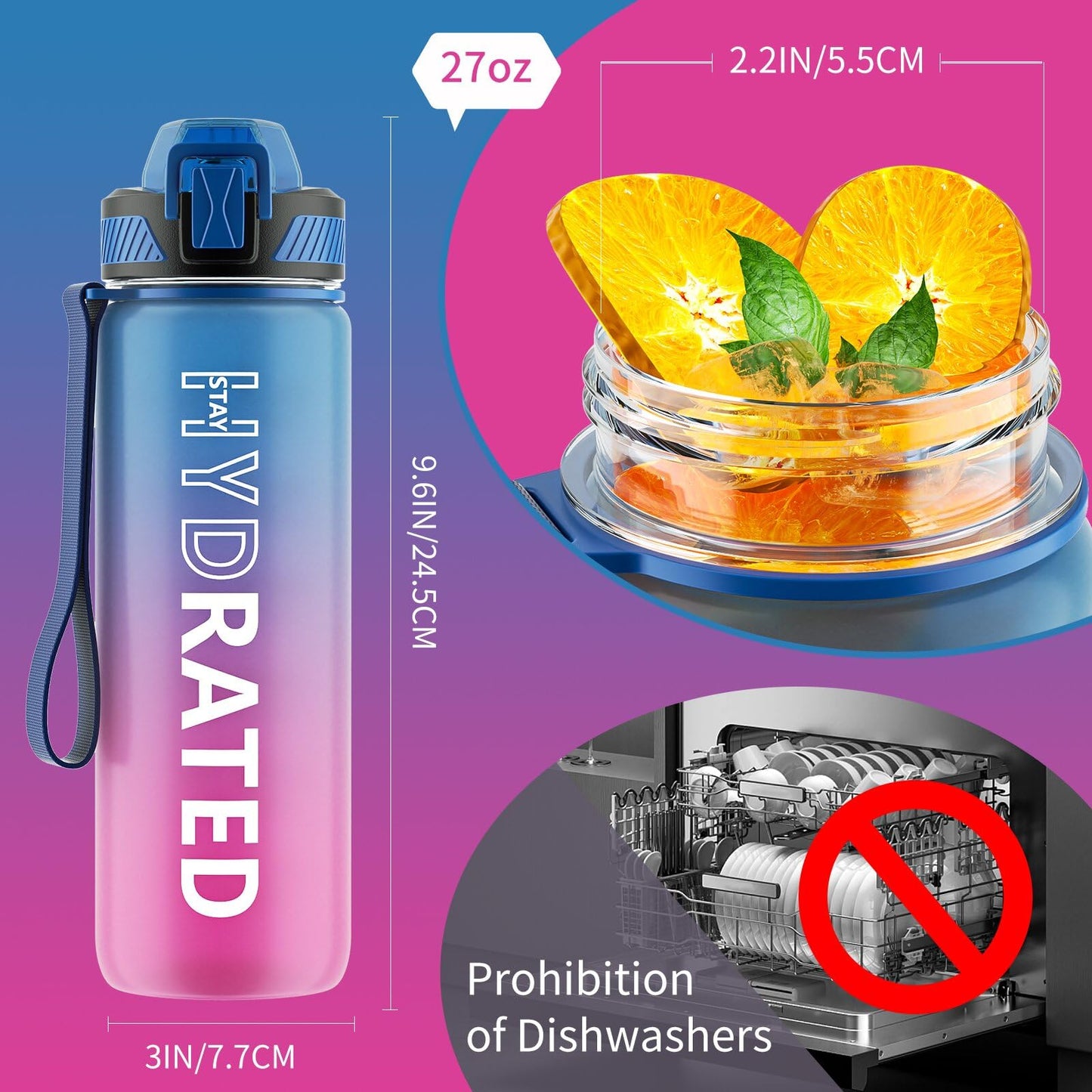 QLUR Water Bottle with Straw, 27 oz Motivational Water Bottles with Time Marker to Drink, Tritan BPA Free, 800ml Sports Water Bottle with Carry Strap LeakProof for School Fitness Outdoor (1Pack)