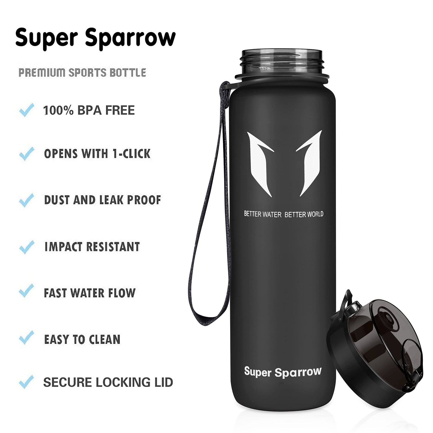 Super Sparrow Water Bottle - 32 oz - BPA & Toxic Free Tritan Water Bottles - One Touch Opening - Leak-proof Plastic Bottle - Kids Water Bottle for Office, Gym, Outdoor, Sports