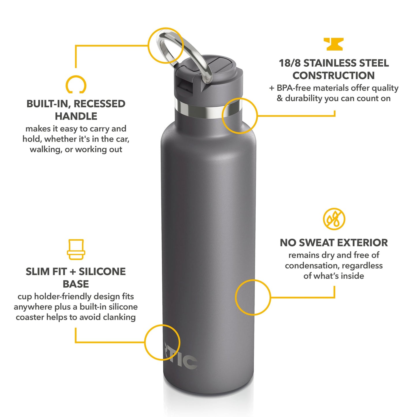 RTIC 20oz Journey Bottle Metal Stainless Steel Vacuum Insulated, BPA Free, Reusable, for Water, Hot and Cold Drinks, Travel, Sports, Camping, Graphite