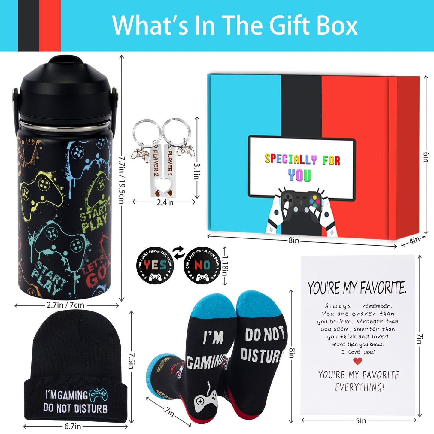 7 Pcs Gamer Gifts Set - Gaming Kids Water Bottle, Funny Cap, Socks, Keychain,Cool Gaming Stuff Accessories and Gift Box for Christmas Birthday School Classroom Men Dad Teen Boy Boyfriend Gamer Lover