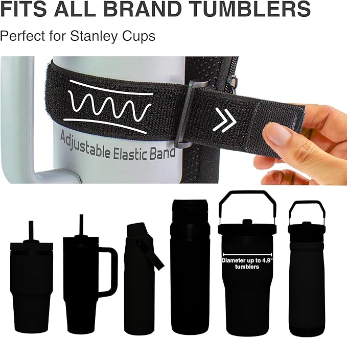 Water Bottle Pouch for Stanley Cups with 20oz 30oz 40oz Stanley Quencher Adventure & Stanley IceFlow, Gym Accessories for Women Tumbler Pouch with Strap & Zipper Cup Purse for Card Keys (Black, Large)