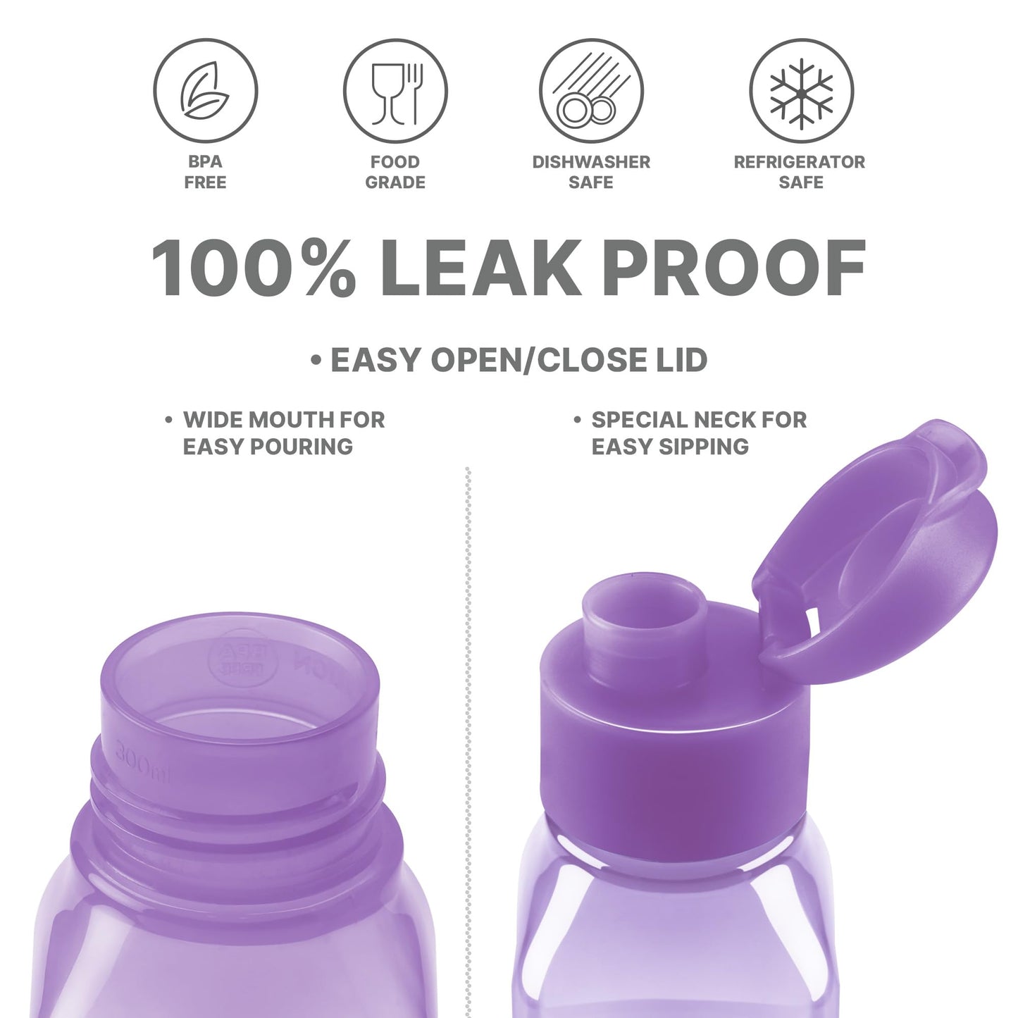 Bulk Set of 16 Multicolor 10oz Water Bottles for Kids and Adults - Leak Proof With Carry Strap - Square Reusable for Juice, Drinks - BPA-Free Dishwasher-Safe