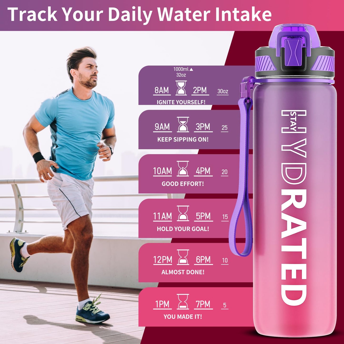 QLUR Water Bottle with Straw, 32 oz Motivational Water Bottles with Time Marker to Drink, Tritan BPA Free, 1L Sports Water Bottle with Carry Strap LeakProof for Women Gym Fitness Outdoor (1 Pack)