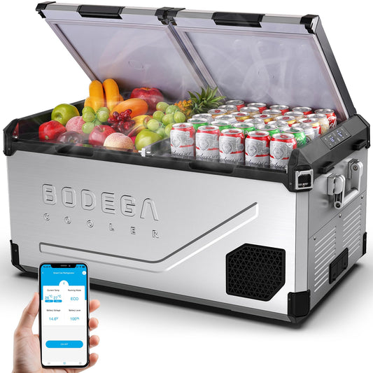 BODEGACOOLER 12 Volt Car Refrigerator, 100Quart (95L) Dual Zone Car Fridge APP Control, Portable Freezer, -4℉-68℉ RV Electric Cooler 12/24V DC &100-240V AC for Outdoor, Camping, Travel