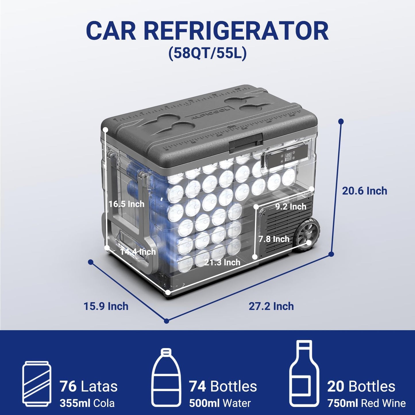 BODEGACOOLER 12 Volt Car Refrigerator,58QT(55L) Car Fridge with Wheels,RV Portable Freezer Single Zone,with APP Control,-4℉-68℉ Car Cooler,12/24V DC & 100-240V AC,for Travel,Camping,Outdoor,Vehicles