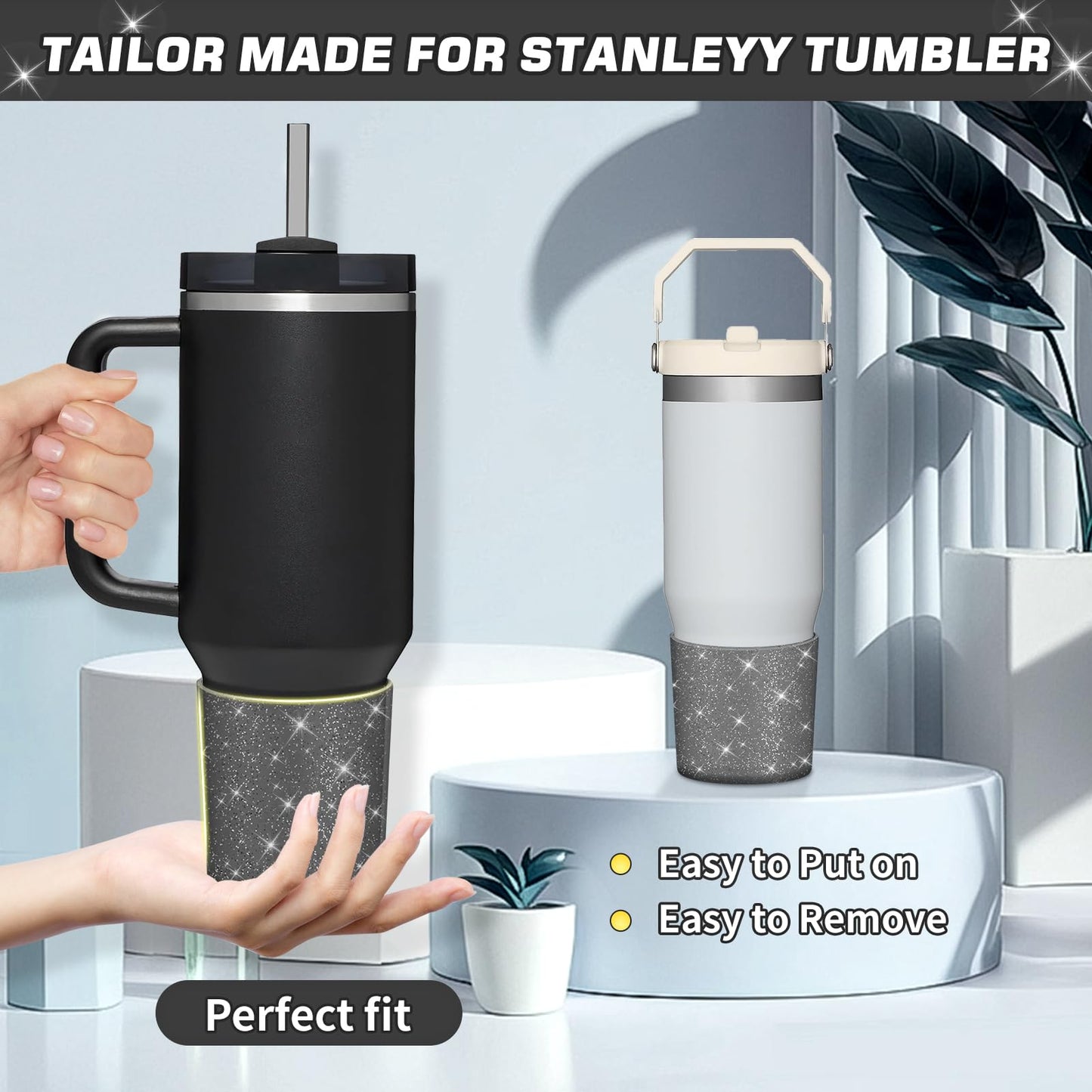 WUQID Glitter Higher Silicone Boot Compatible with Stanley Quencher H2.0 40oz 30oz 20oz & IceFlow Flip 30oz 20oz, Tumbler Cups Anti-Slip Bottom Sleeve Cover