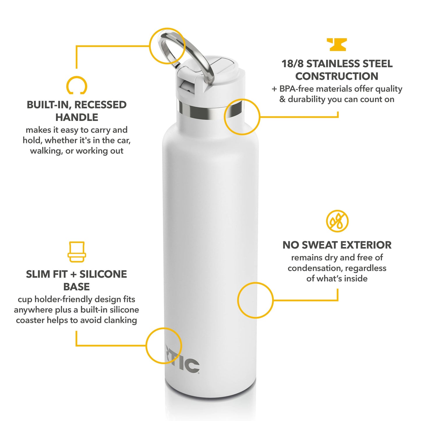 RTIC 20oz Journey Bottle Metal Stainless Steel Vacuum Insulated, BPA Free, Reusable, for Water, Hot and Cold Drinks, Travel, Sports, Camping, White
