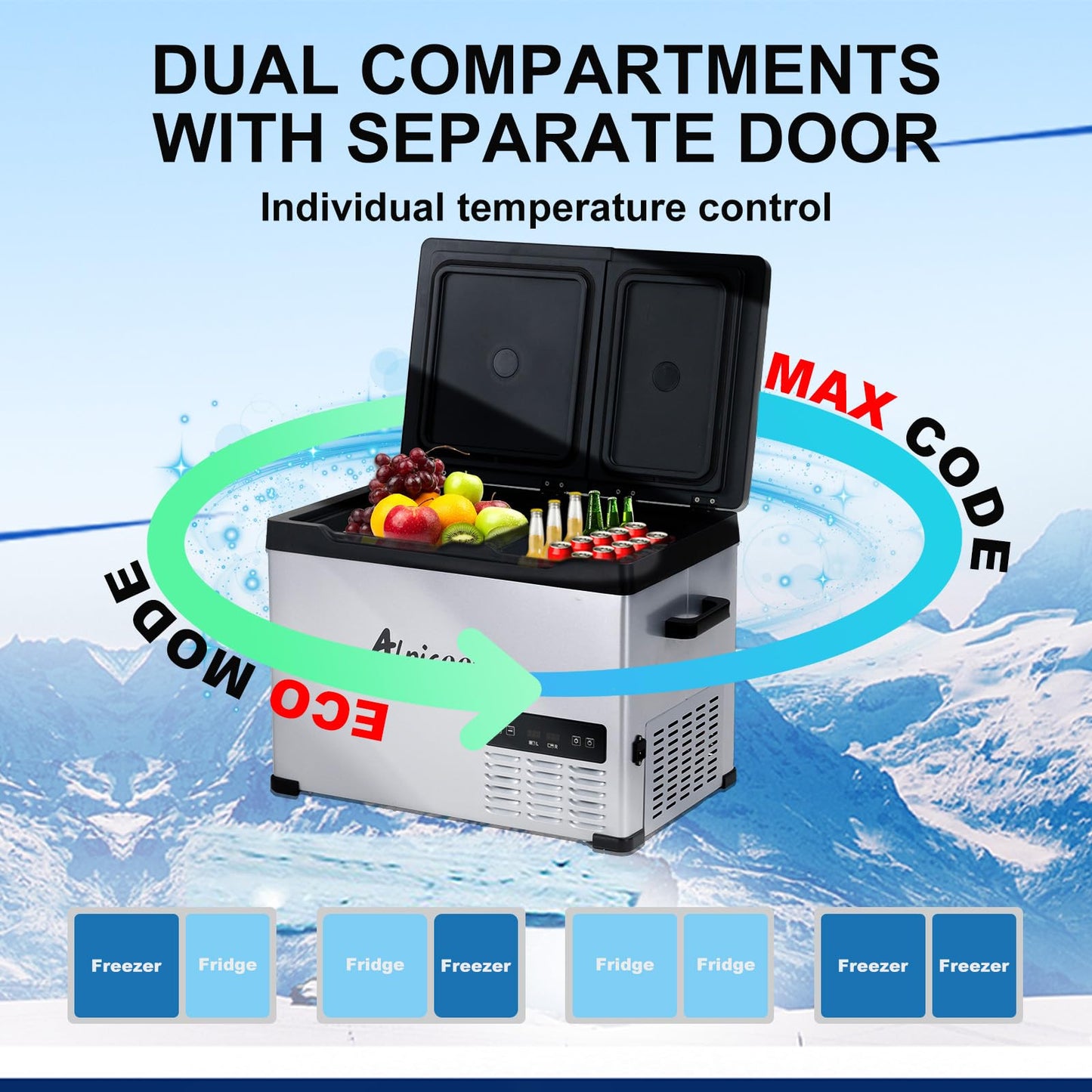 Alpicool CHS45 Dual Temperature Control 12 Volt Refrigerator 33 Quart Portable Car Fridge Freezer (-4°F~68°F) for Truck, RV, Boat, Camping and Travel