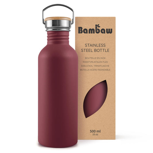 Bambaw 16 oz Water Bottle Non-insulated, Metal Water Bottle Red, Single Walled Stainless Steel Water Bottle, Leak Proof Water Bottle for School, BPA Free Water Bottle no Straw – Red Berry