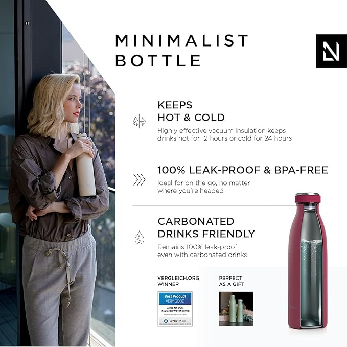 LARS NYSØM Stainless Steel Insulated Water Bottle 12oz 17oz 25oz 34oz 51oz | BPA-free Insulated Thermo Flask for Hot and Cold Beverages | Leakproof Drinking Bottle (Berry, 17oz)