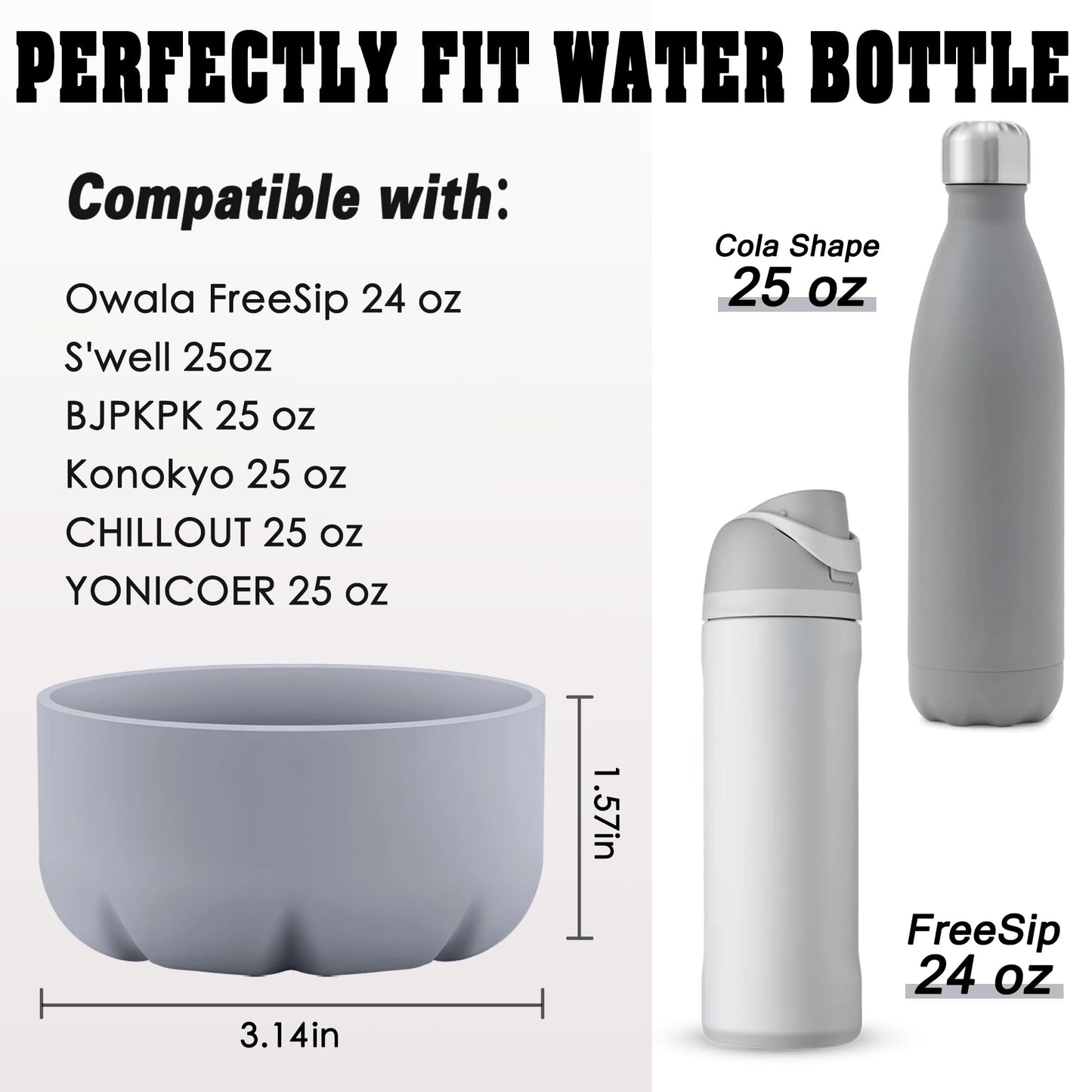 VIKIZUES Silicone Boot Compatible with Owala Water Bottle 24 oz & S'well 25 oz Water Bottle and More 25 oz Stainless Steel Water Bottles, Anti-Slip Bottom Protector Sleeve (Grey)