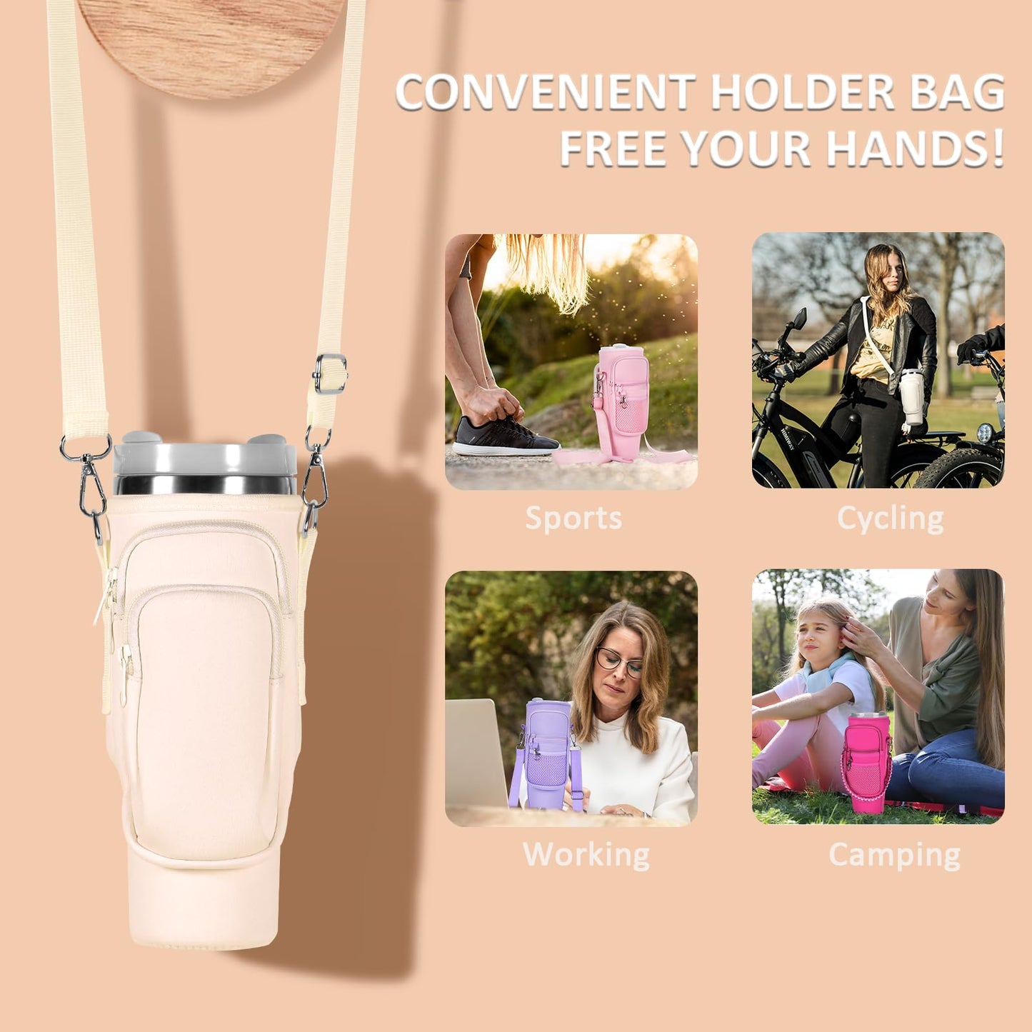 WEREWOLVES Water Bottle Carrier Bag with Phone Pocket for Stanley 40 oz Tumbler, Water Bottle Holder with Adjustable Strap & Paracord Handle, Neoprene Holder for Stanley Cup Accessories (Cream)