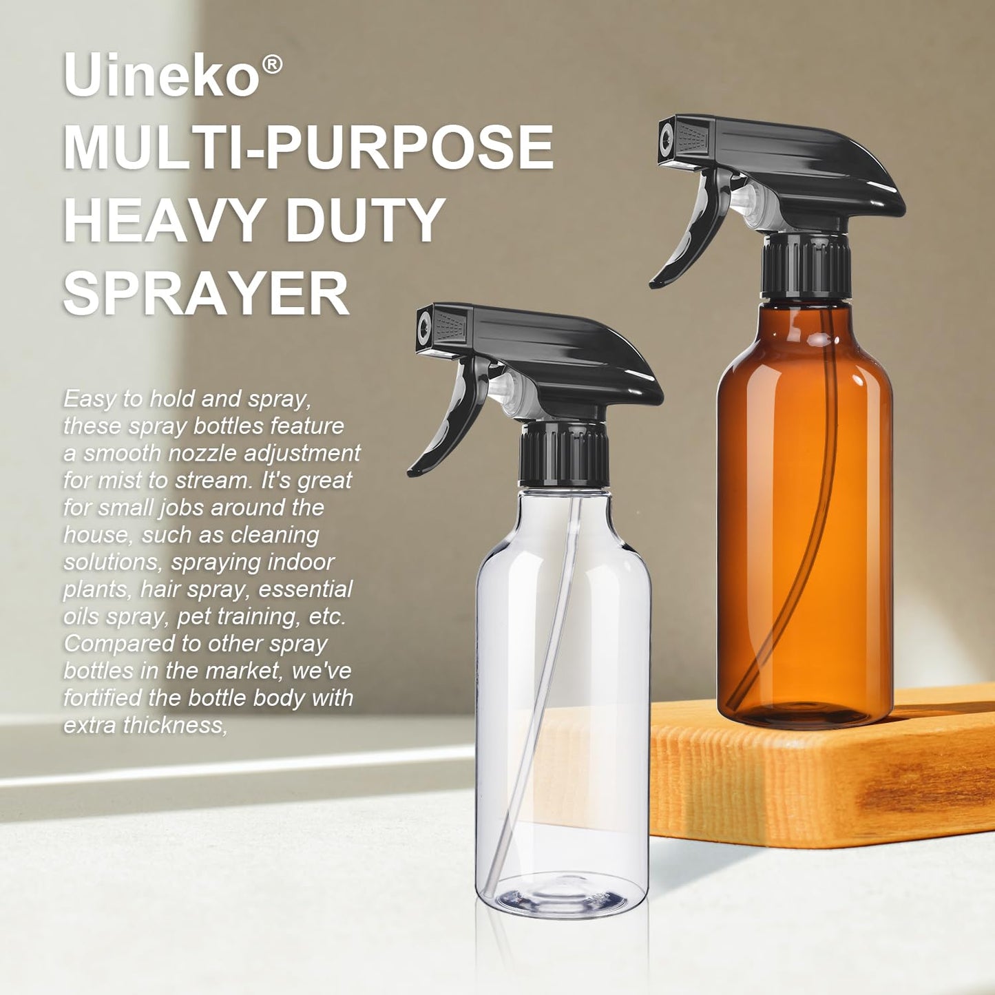 Uineko Spray Bottles 2-Pack, 10 Oz, Mist & Stream, Heavy Duty Spraying Empty Water Sprayer Bottle, BPA Free Plastic Refillable Containers for Cleaning Solutions, Plants, Hair, Essential Oils (Clear)