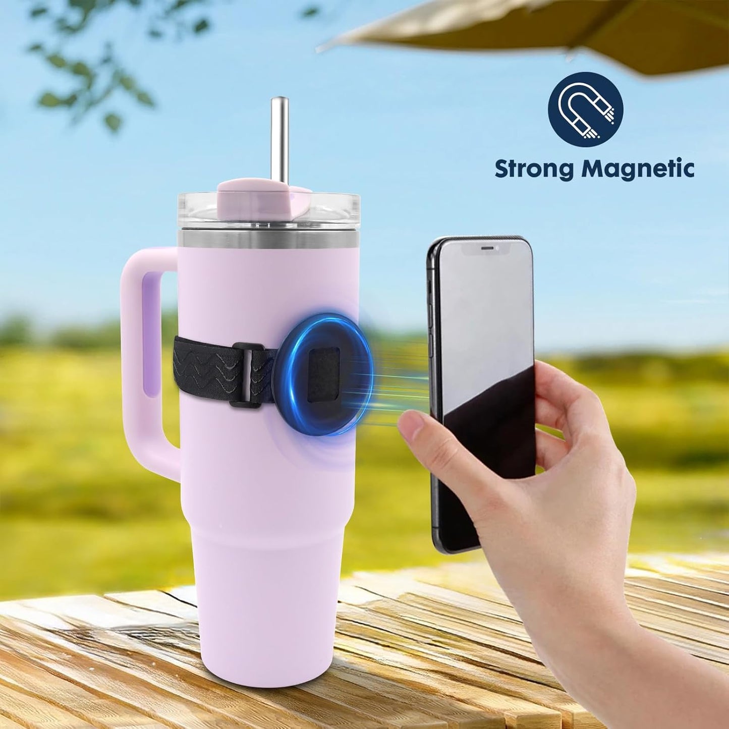 Water Bottle Phone Holder for MagSafe, Magnetic Holder Upgrade Silicone Anti-slip Adjustable Strap for Stanley Cup Gym Accessories, for iPhone & AirPods Owala Simple Modern Water Bottle w/2×Metal Ring