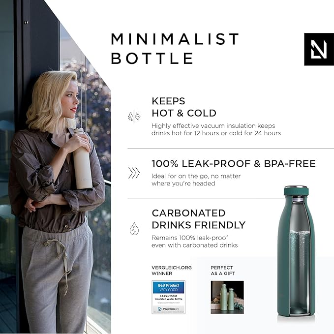 LARS NYSØM Stainless Steel Insulated Water Bottle 12oz 17oz 25oz 34oz 51oz | BPA-free Insulated Thermo Flask for Hot and Cold Beverages | Leakproof Drinking Bottle (Bayberry, 17oz)