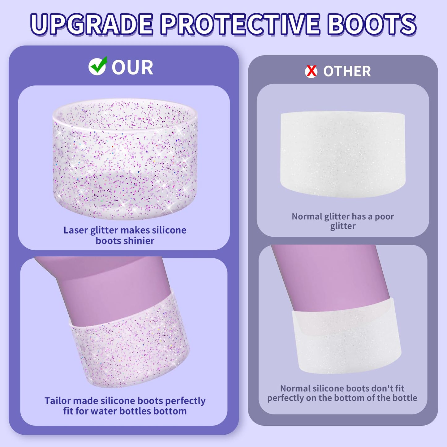 WUQID Protective Bling Silicone Boot Sleeve, Compatible with Stanley Tumbler 20-40oz & Hydro Flask Bottle 12oz-24oz, Glitter Reduces Dents Sleeve Cover for More Bottles/Tumblers Bottom of 2.83-2.95in
