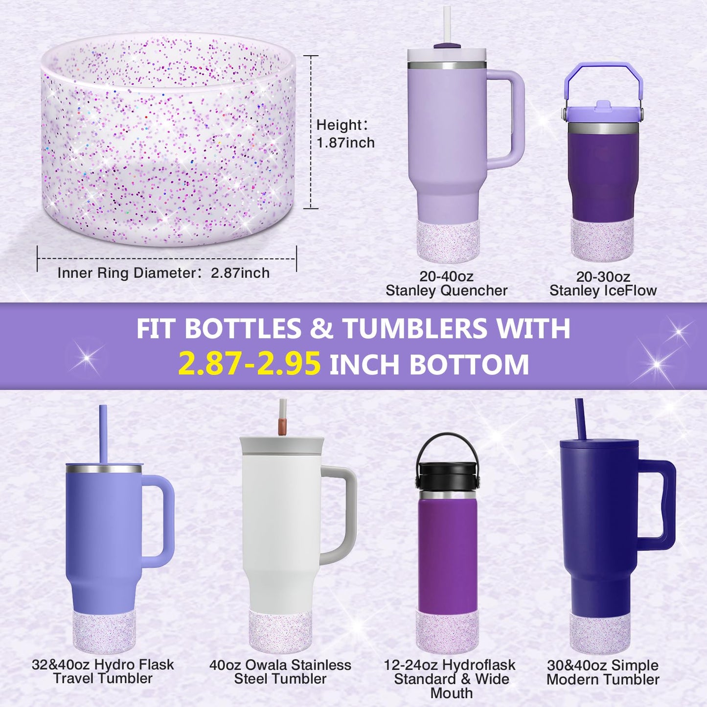 WUQID 2 Pack Bling Silicone Boot Compatible with Stanley Quencher Adventure 40oz & Stanley IceFlow 20oz 30oz, Reduces Dents Protective Silicone Water Bottle Bottom Cover Sleeve