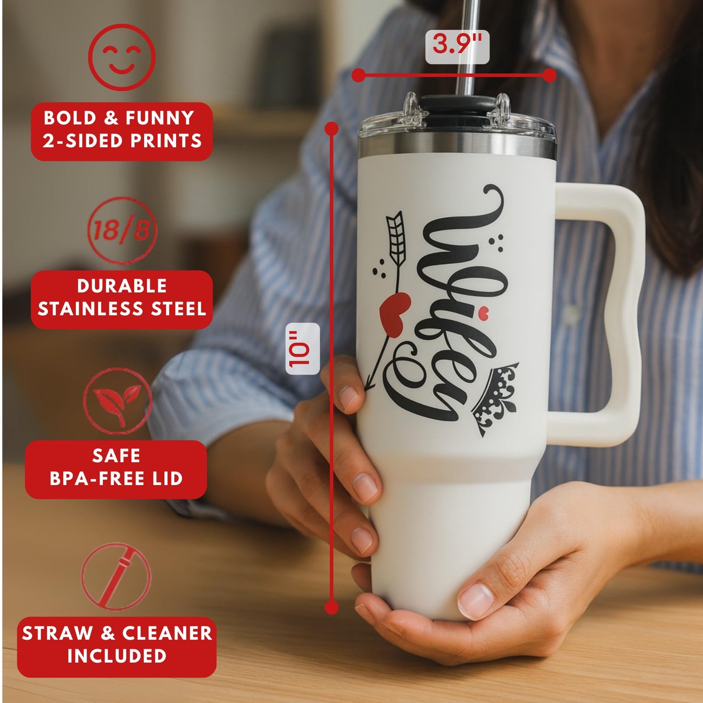 Vivulla68 Gifts for Wife from Husband - Wife Tumbler 40Oz, Wifey Gifts on Birthday & Anniversary, Present Ideas for Wifey Her, Cool Wedding Coffee Cup with Straw and Handle, Drinking Mug for Women