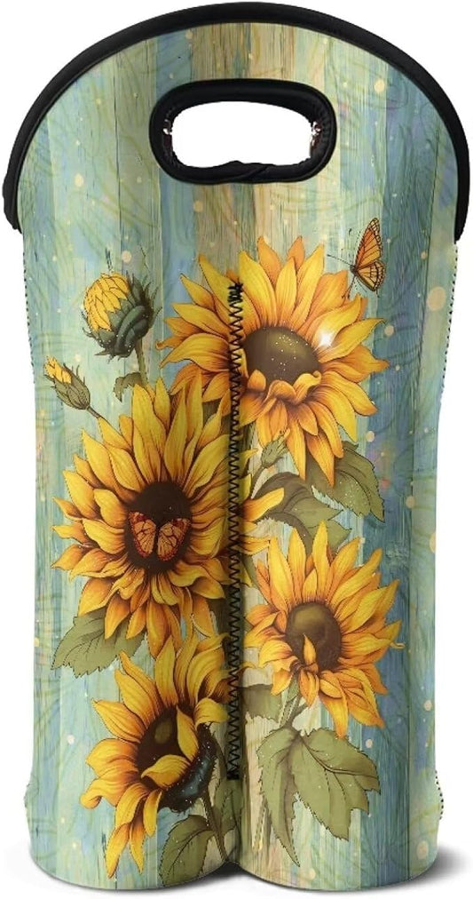 doginthehole Wood Sunflower Champagne Carrier Bag 2 Bottle Insulated Wine Tote Cooler Bag with Handle Neoprene Wine/Water Bottle Holder for Travel