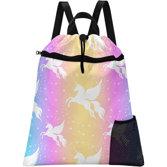 Britown Unicorn Starry Rainbow Gym Drawstring Backpack Waterproof Cute Love Girl Swimming Beach Sackpack, Sports Yoga Dance Travel String Bag Birthday Gift Bags with Water Bottle Pocket