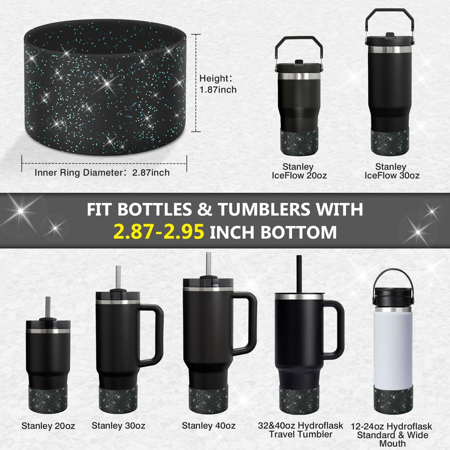 WUQID 2 Pack Bling Silicone Boot Compatible with Stanley Quencher Adventure 40oz & Stanley IceFlow 20oz 30oz, Reduces Dents Protective Silicone Water Bottle Bottom Cover Sleeve